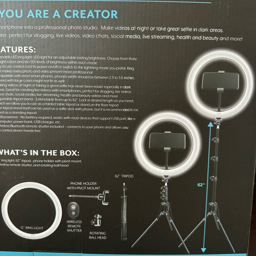 BOWER 12" RING LIGHT STUDIO KIT WITH BALL HEAD 62" TRIPOD AND PHONE HOLDER